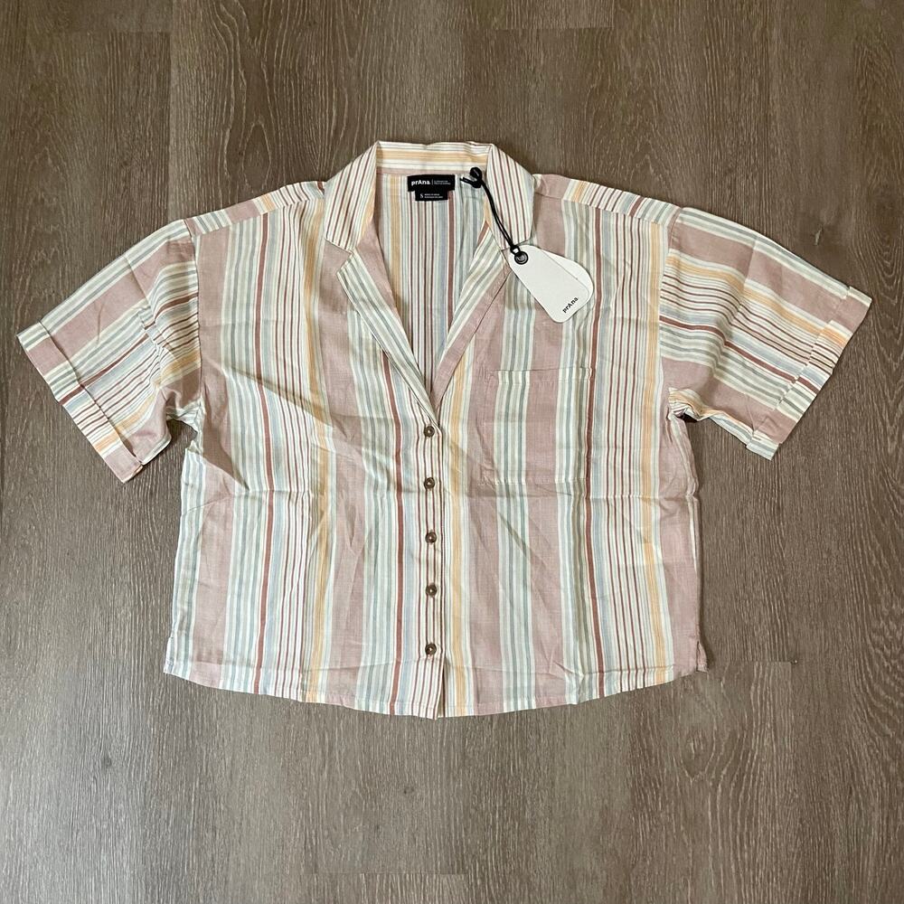 Prana Iguala Top Womens S Clay Stripe Relaxed Fit Button Up Cropped Short Sleeve